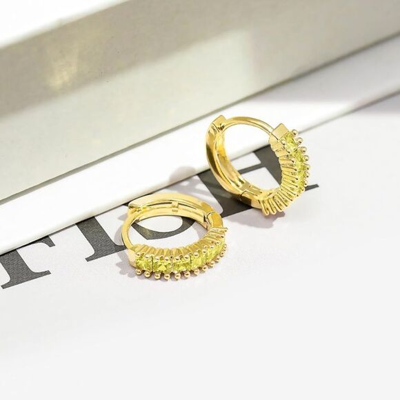 14K Yellow Gold with Yellow Citrine Cubic Zirconia Princess Cut Huggie Earrings - Picture 3 of 6
